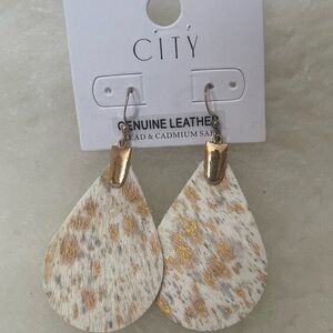 Genuine Leather Teardrop Earrings - White and Gold